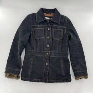 Women's Tailored Denim Jacket Dark Wash Quilted Lining Warm Fur Trim Sleeves, M